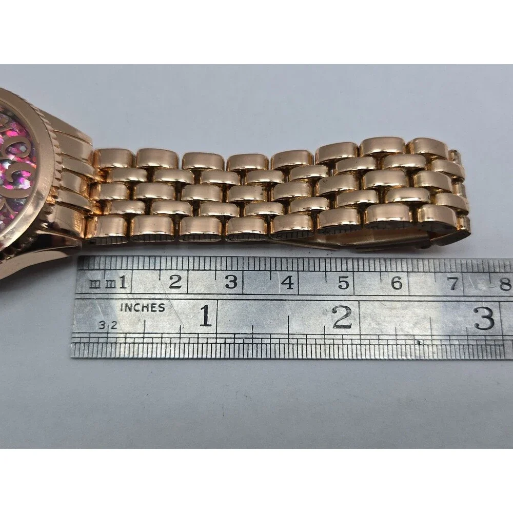 Womens Luv Betsey Johnson Pink Glitter Confetti Rose Gold 36mm Watch New Battery